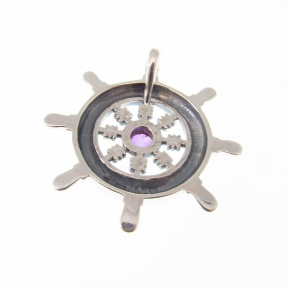 Solid 925 Sterling Silver Celtic Ship Wheel Helm Nautical Pendant w/ Gemstone - Picture 12 of 13